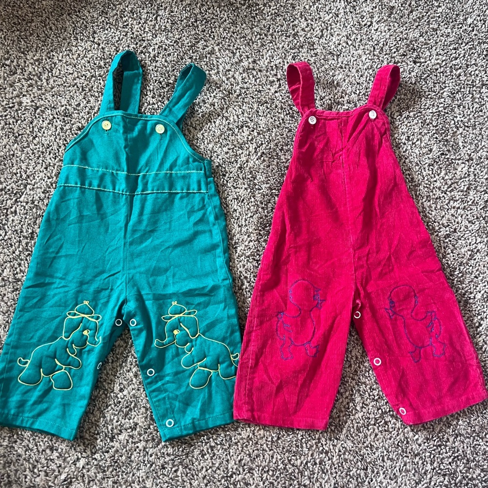Vintage Kids Elephant and Duck Overalls - Green and Red